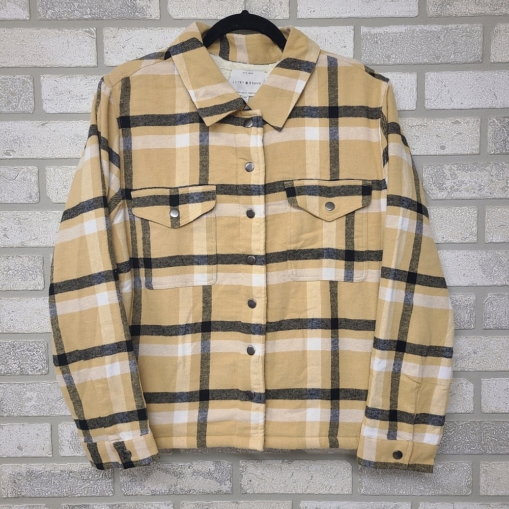 Lucky Brand Tan Black Snap Fleece Lined Shacket Medium